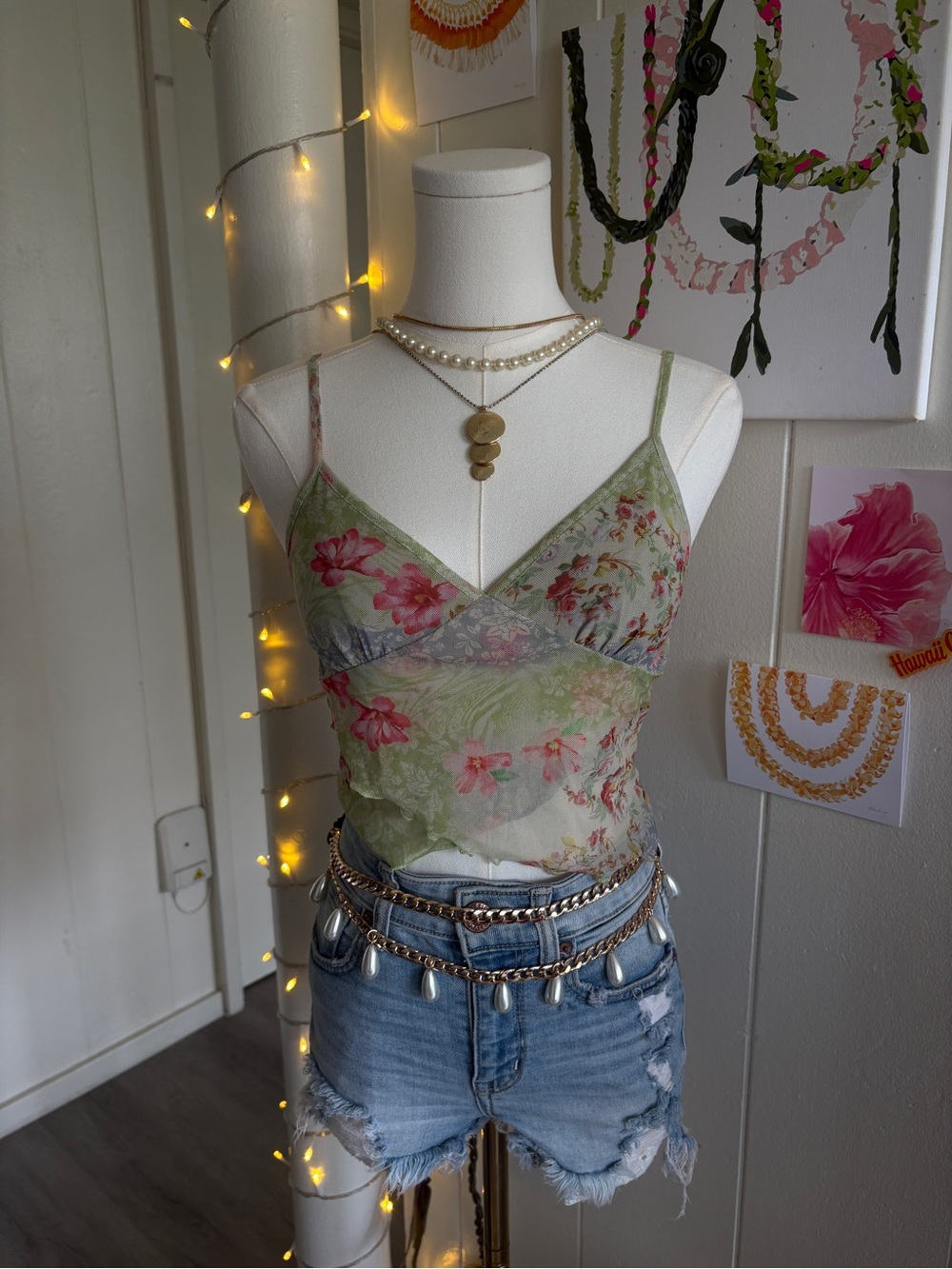 Green Floral Sheer Cami Top